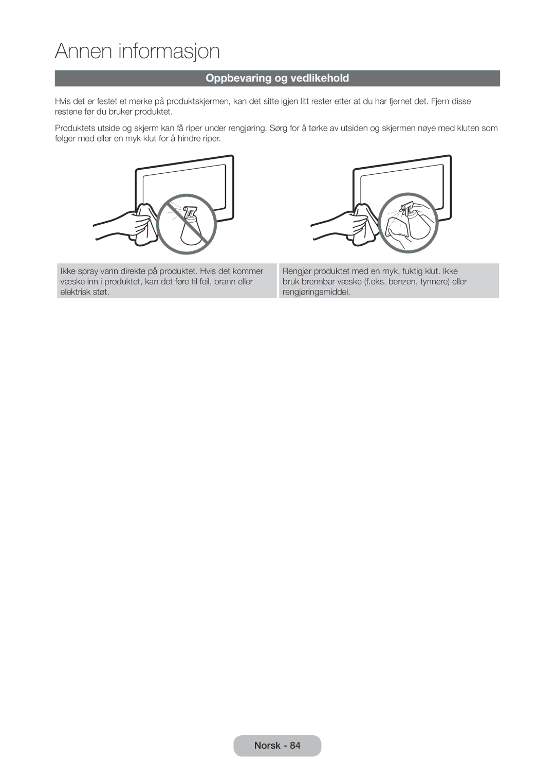 Samsung LT28C570EW/XE manual Oppbevaring og vedlikehold 