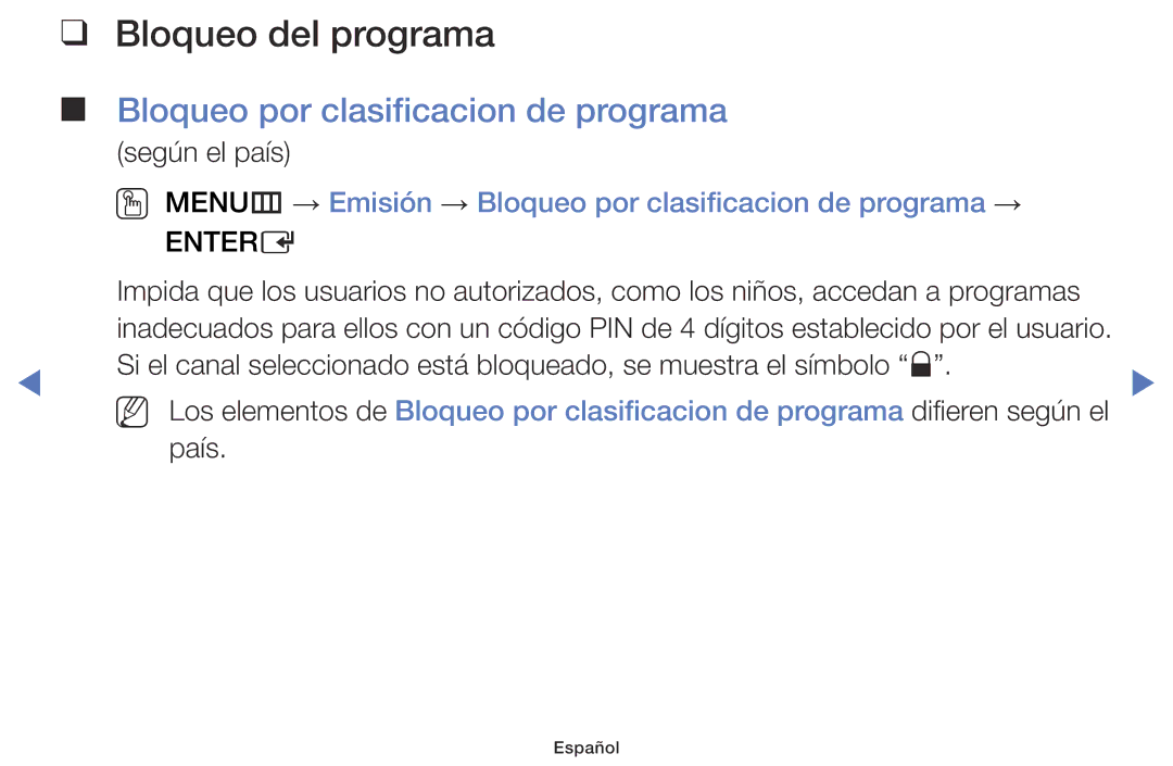 Samsung LT28D310ES/EN manual Bloqueo del programa, Bloqueo por clasificacion de programa 