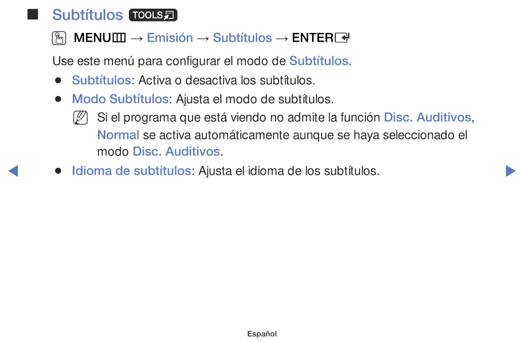 Samsung LT28D310ES/EN manual Subtítulos t, OO MENUm → Emisión → Subtítulos → Entere, Modo Disc. Auditivos 