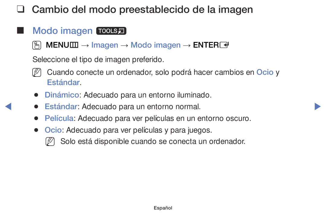 Samsung LT28D310ES/EN Cambio del modo preestablecido de la imagen Modo imagen t, OO MENUm → Imagen → Modo imagen → Entere 