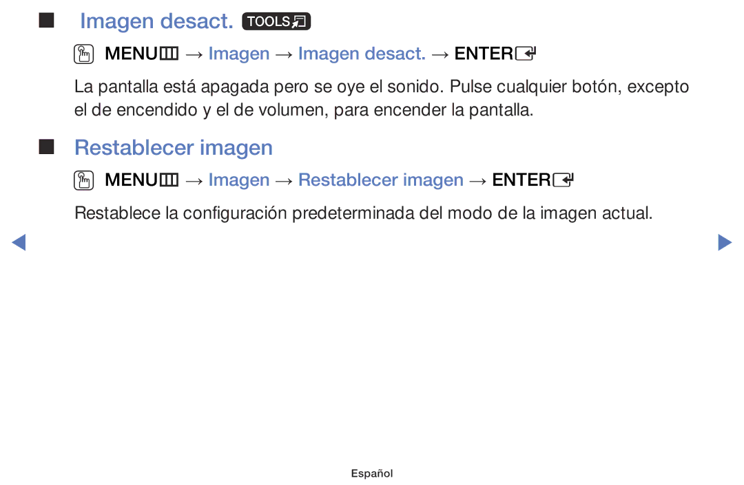 Samsung LT28D310ES/EN manual Imagen desact. t, Restablecer imagen, OO MENUm → Imagen → Imagen desact. → Entere 