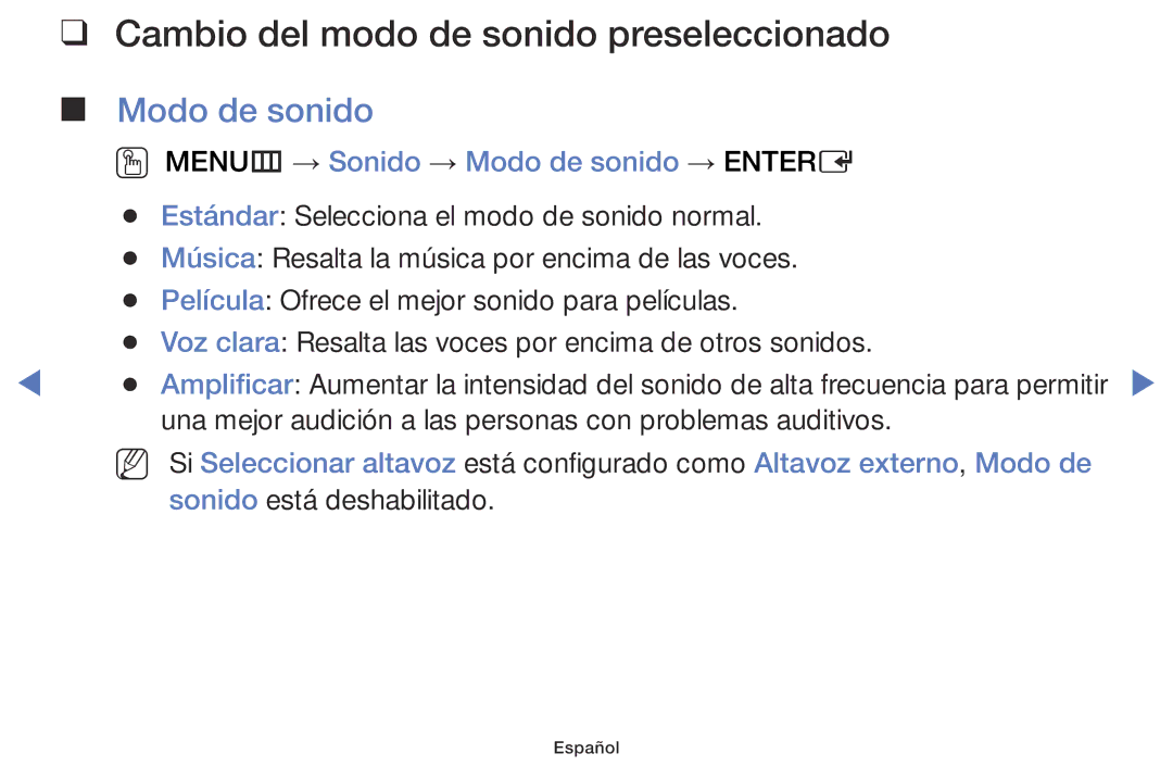 Samsung LT28D310ES/EN manual Cambio del modo de sonido preseleccionado, Modo de sonido 