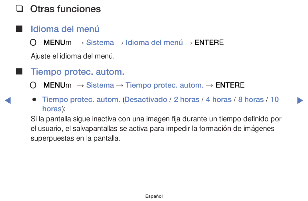 Samsung LT28D310ES/EN manual Tiempo protec. autom, OO MENUm → Sistema → Idioma del menú → Entere 