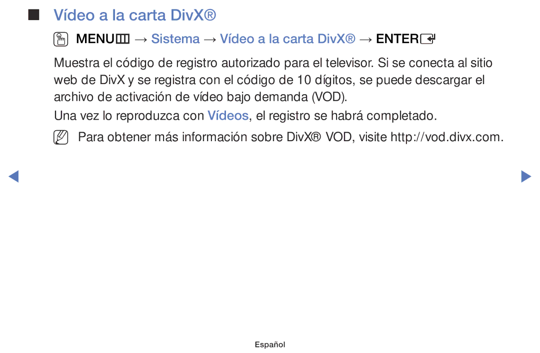 Samsung LT28D310ES/EN manual OO MENUm → Sistema → Vídeo a la carta DivX → Entere 