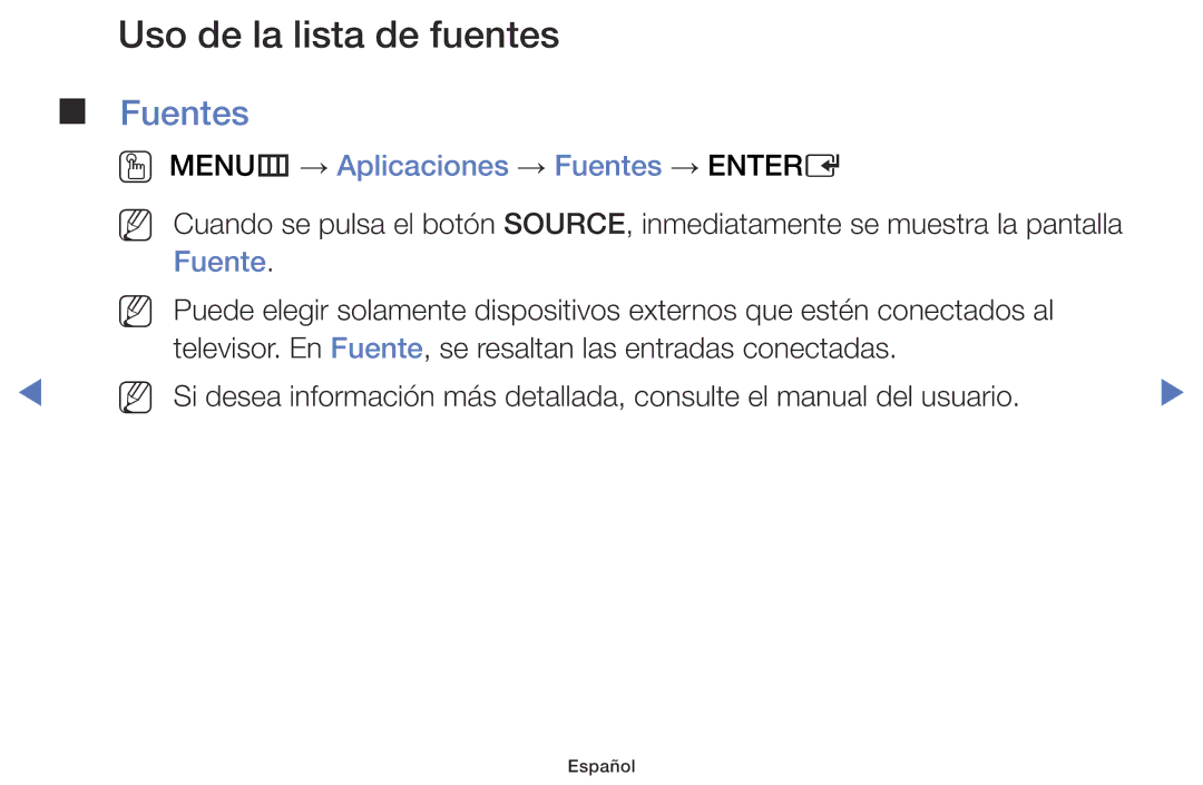 Samsung LT28D310ES/EN manual Uso de la lista de fuentes, OO MENUm → Aplicaciones → Fuentes → Entere 