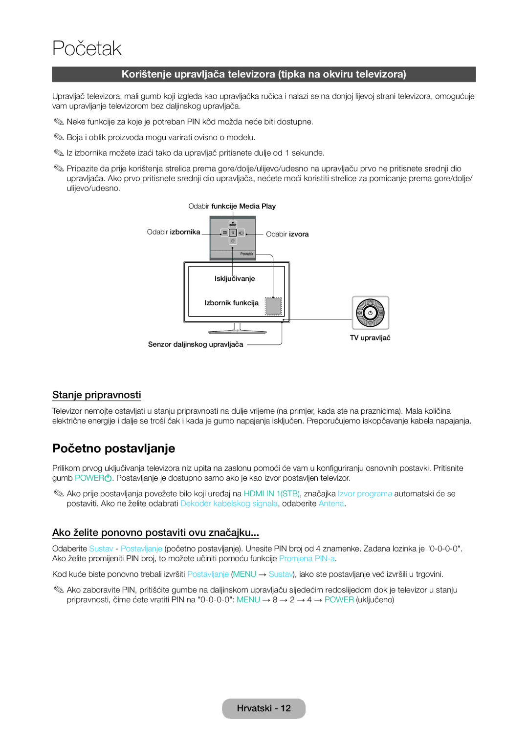 Samsung LT28D310EW/EN manual Početno postavljanje, Korištenje upravljača televizora tipka na okviru televizora 