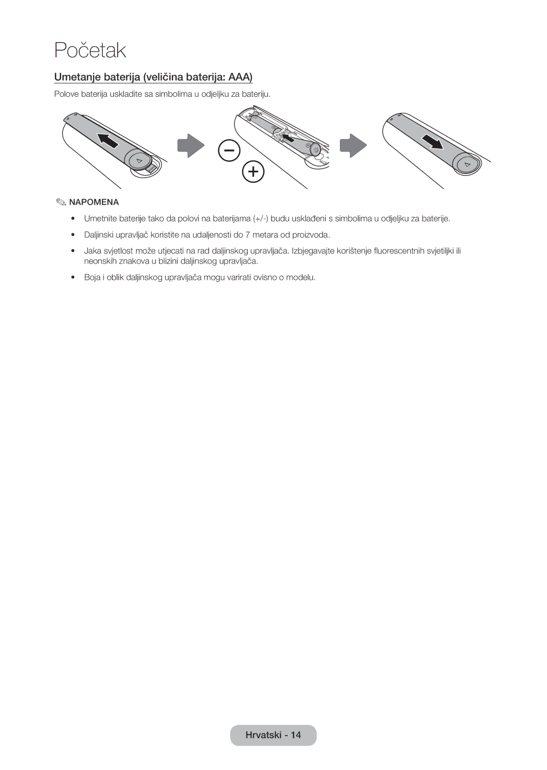 Samsung LT28D310EW/EN manual Umetanje baterija veličina baterija AAA, Napomena 