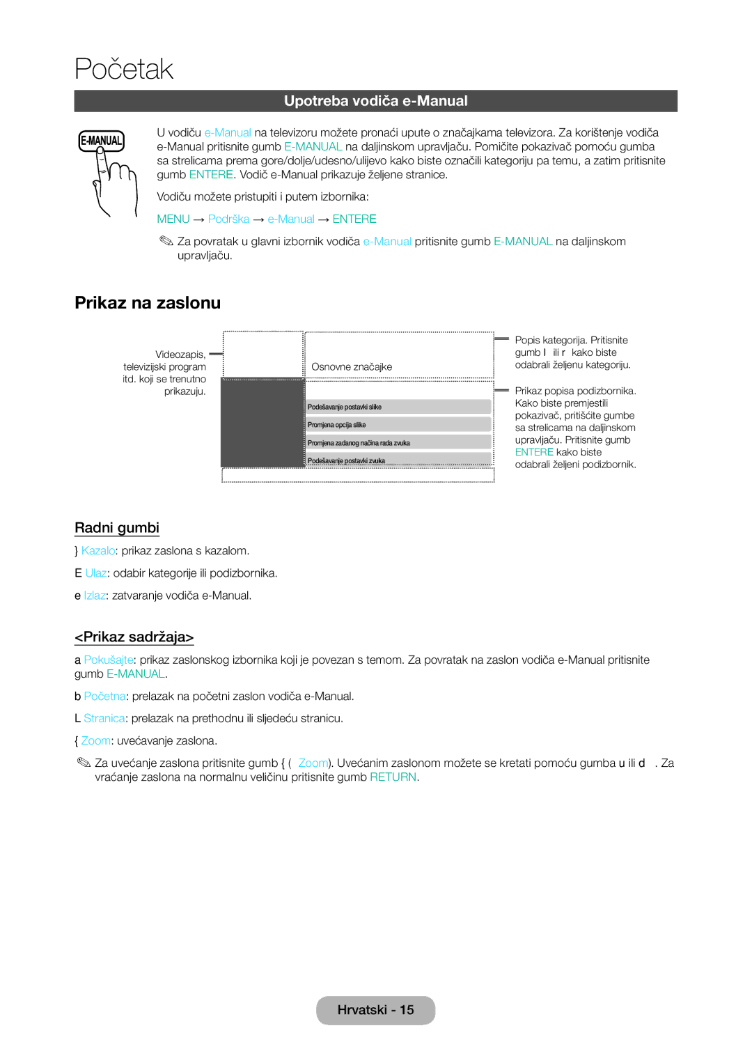 Samsung LT28D310EW/EN manual Prikaz na zaslonu, Upotreba vodiča e-Manual, Radni gumbi, Prikaz sadržaja 