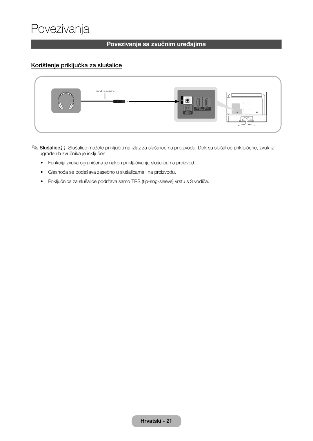 Samsung LT28D310EW/EN manual Povezivanje sa zvučnim uređajima, Korištenje priključka za slušalice 