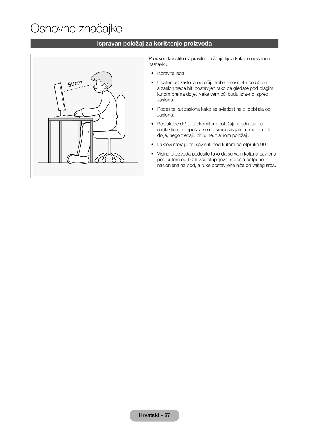 Samsung LT28D310EW/EN manual Osnovne značajke, Ispravan položaj za korištenje proizvoda 