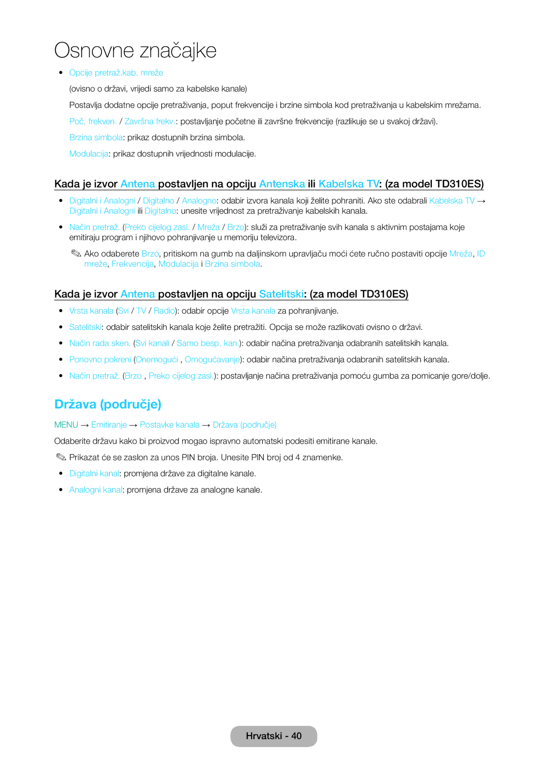 Samsung LT28D310EW/EN manual Opcije pretraž.kab. mreže, Menu → Emitiranje → Postavke kanala → Država područje 