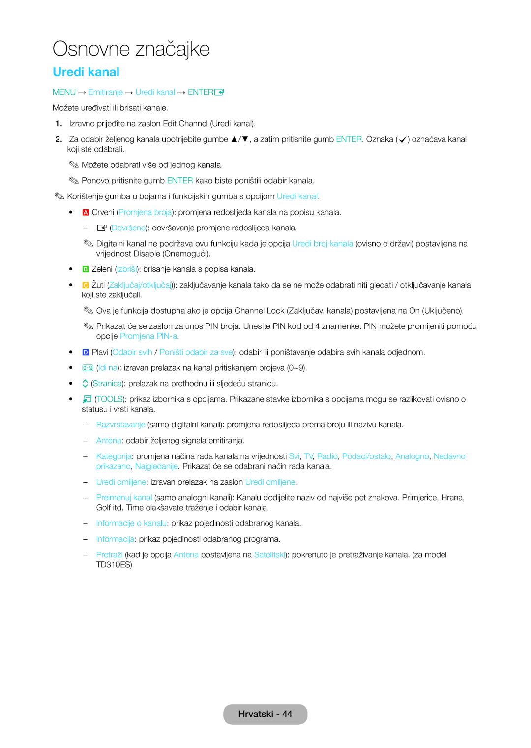 Samsung LT28D310EW/EN manual Menu → Emitiranje → Uredi kanal → Entere 