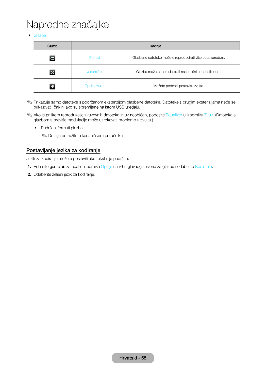 Samsung LT28D310EW/EN manual Postavljanje jezika za kodiranje, Glazba 