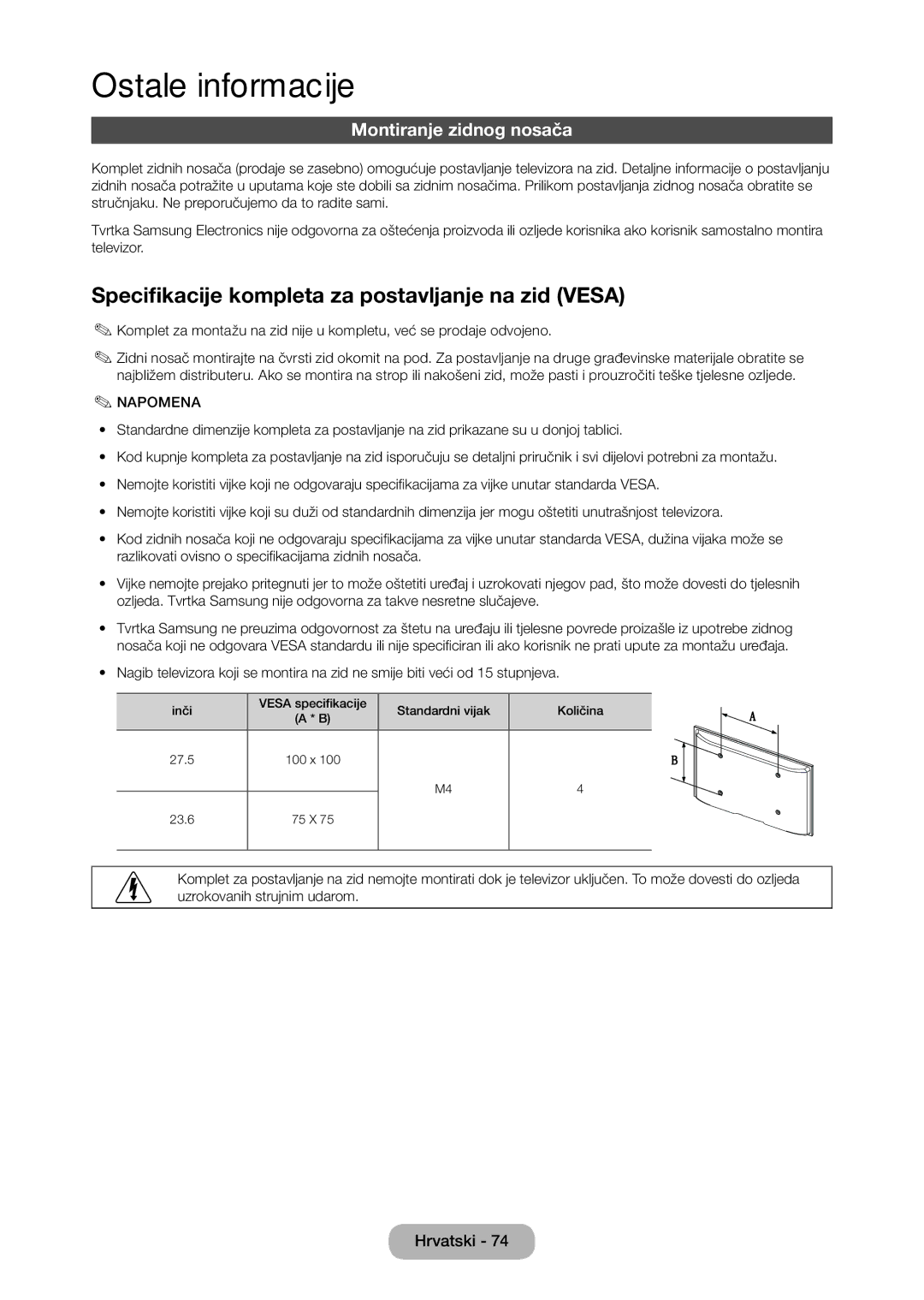 Samsung LT28D310EW/EN manual Specifikacije kompleta za postavljanje na zid Vesa, Montiranje zidnog nosača 