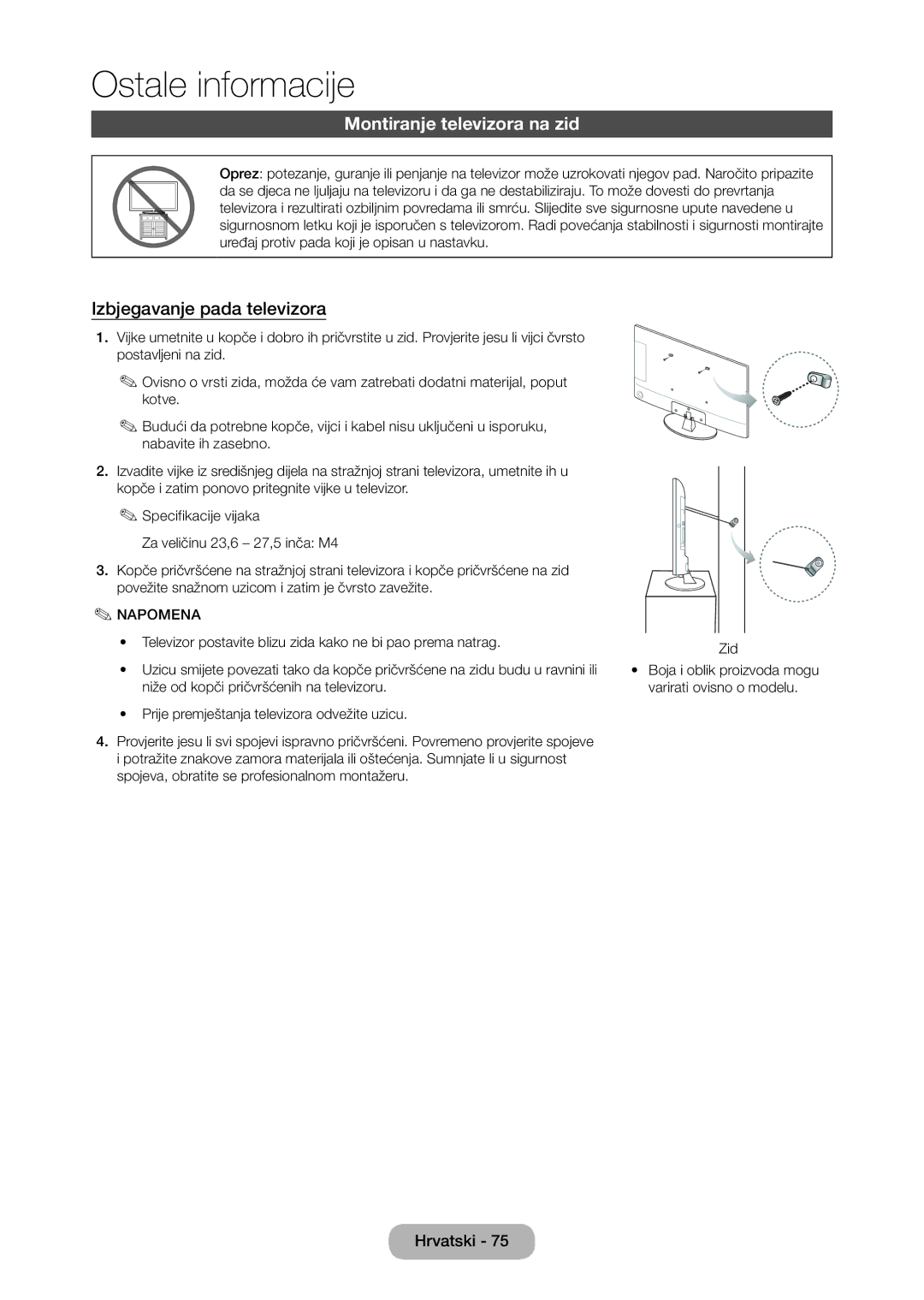 Samsung LT28D310EW/EN manual Montiranje televizora na zid, Izbjegavanje pada televizora 