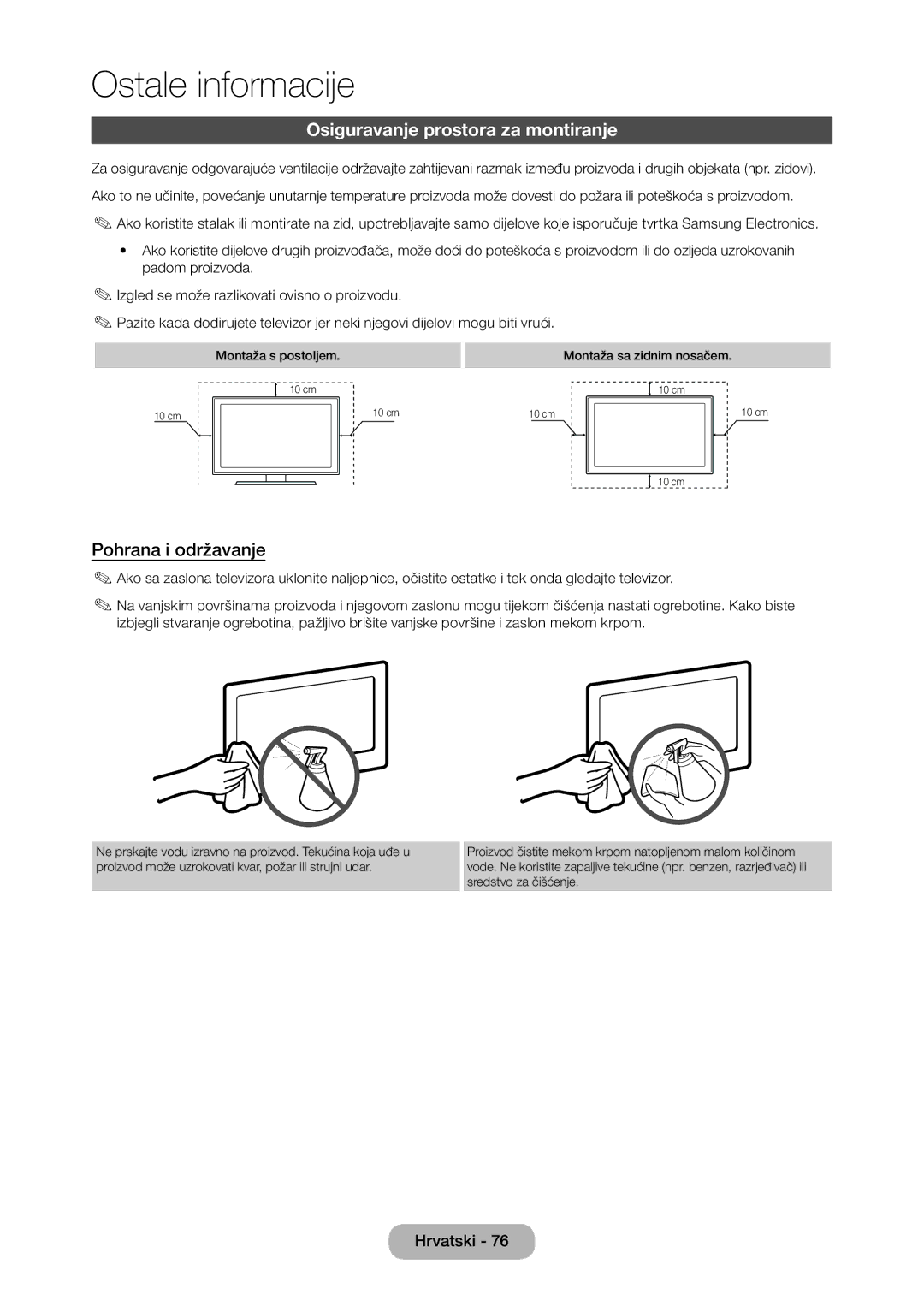 Samsung LT28D310EW/EN manual Osiguravanje prostora za montiranje, Pohrana i održavanje 