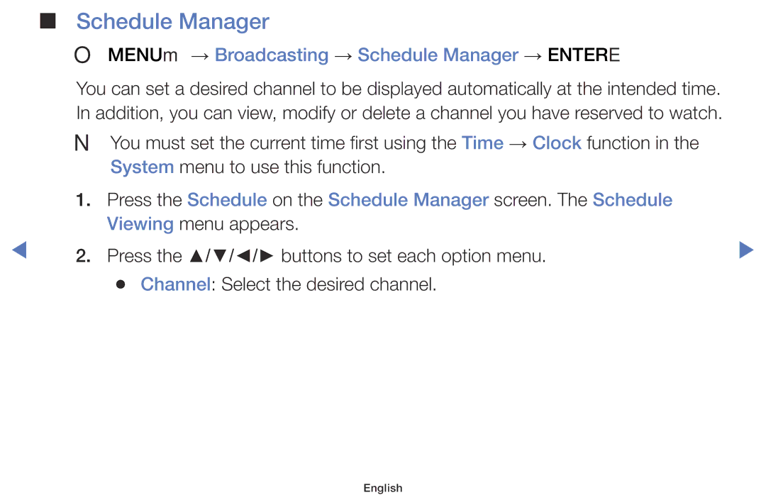 Samsung LT24D310EX/RU, LT28D310EX/XE, LT28D310EX/RU manual OO MENUm → Broadcasting → Schedule Manager → Entere 