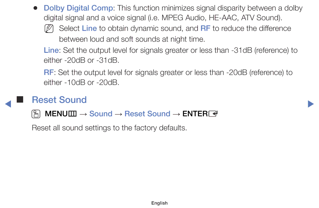 Samsung LT28D310EX/XE, LT24D310EX/RU, LT28D310EX/RU manual OO MENUm → Sound → Reset Sound → Entere 