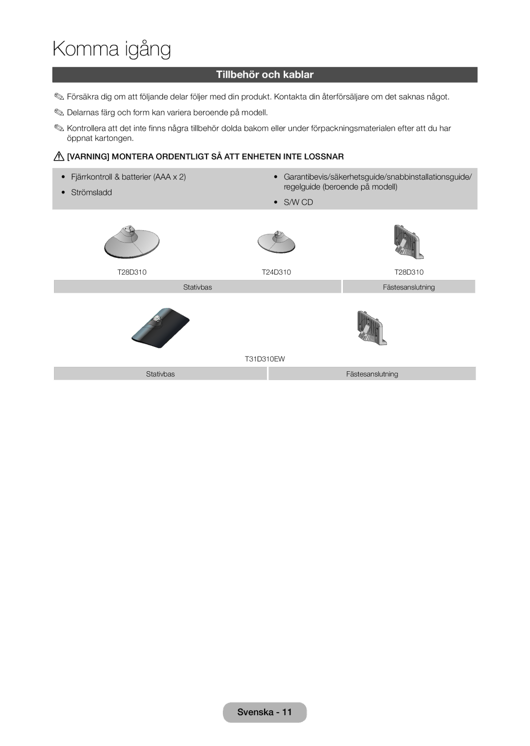 Samsung LT28D310EX/XE manual Tillbehör och kablar, Varning Montera Ordentligt SÅ ATT Enheten Inte Lossnar 