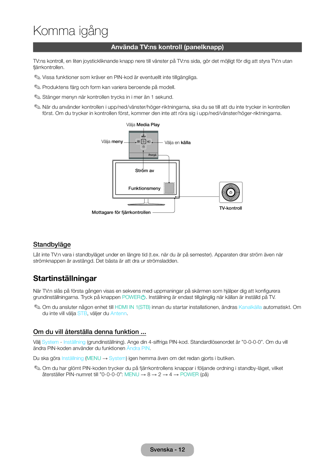 Samsung LT28D310EX/XE manual Startinställningar, Använda TVns kontroll panelknapp, Standbyläge 