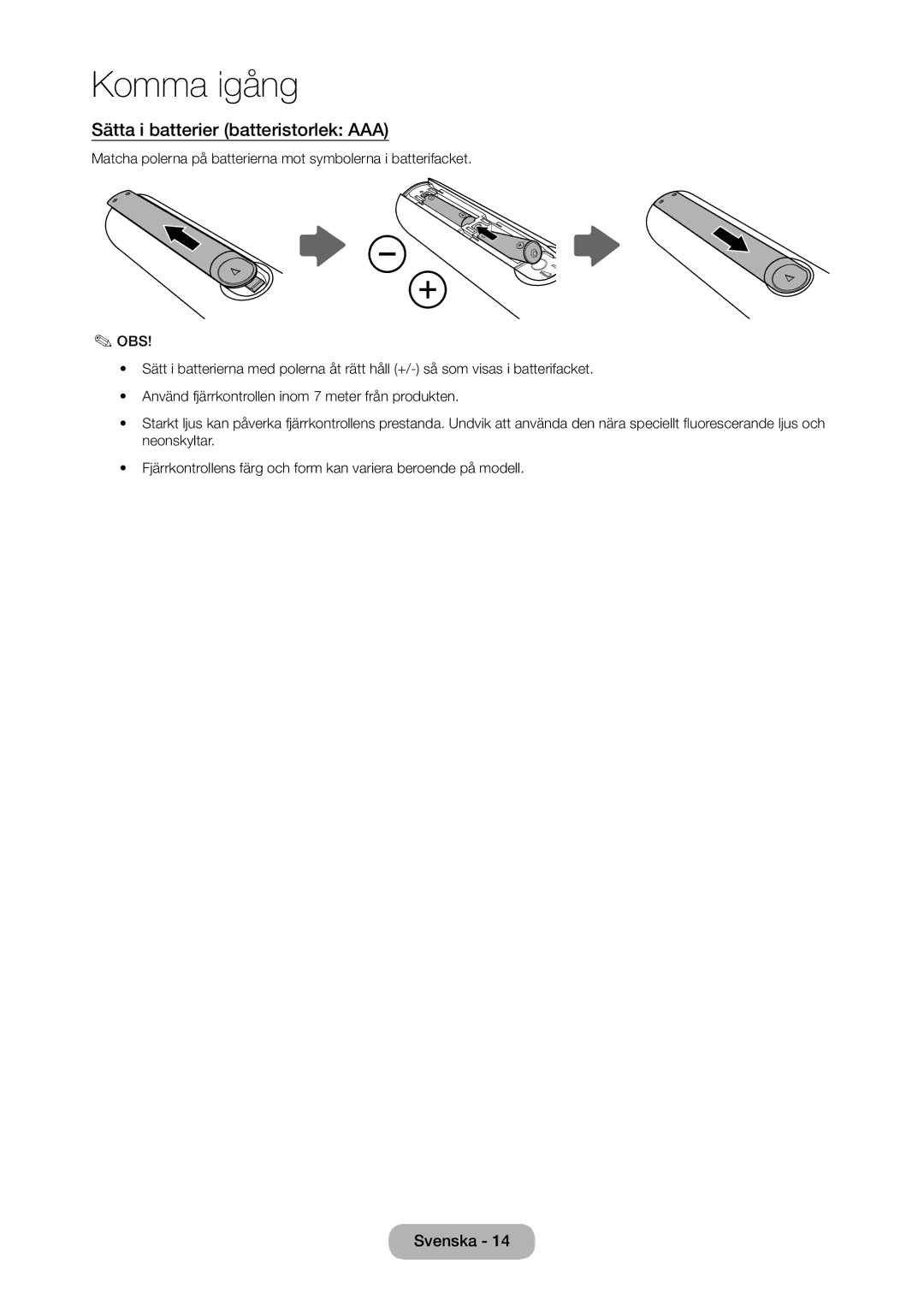 Samsung LT28D310EX/XE manual Sätta i batterier batteristorlek AAA 