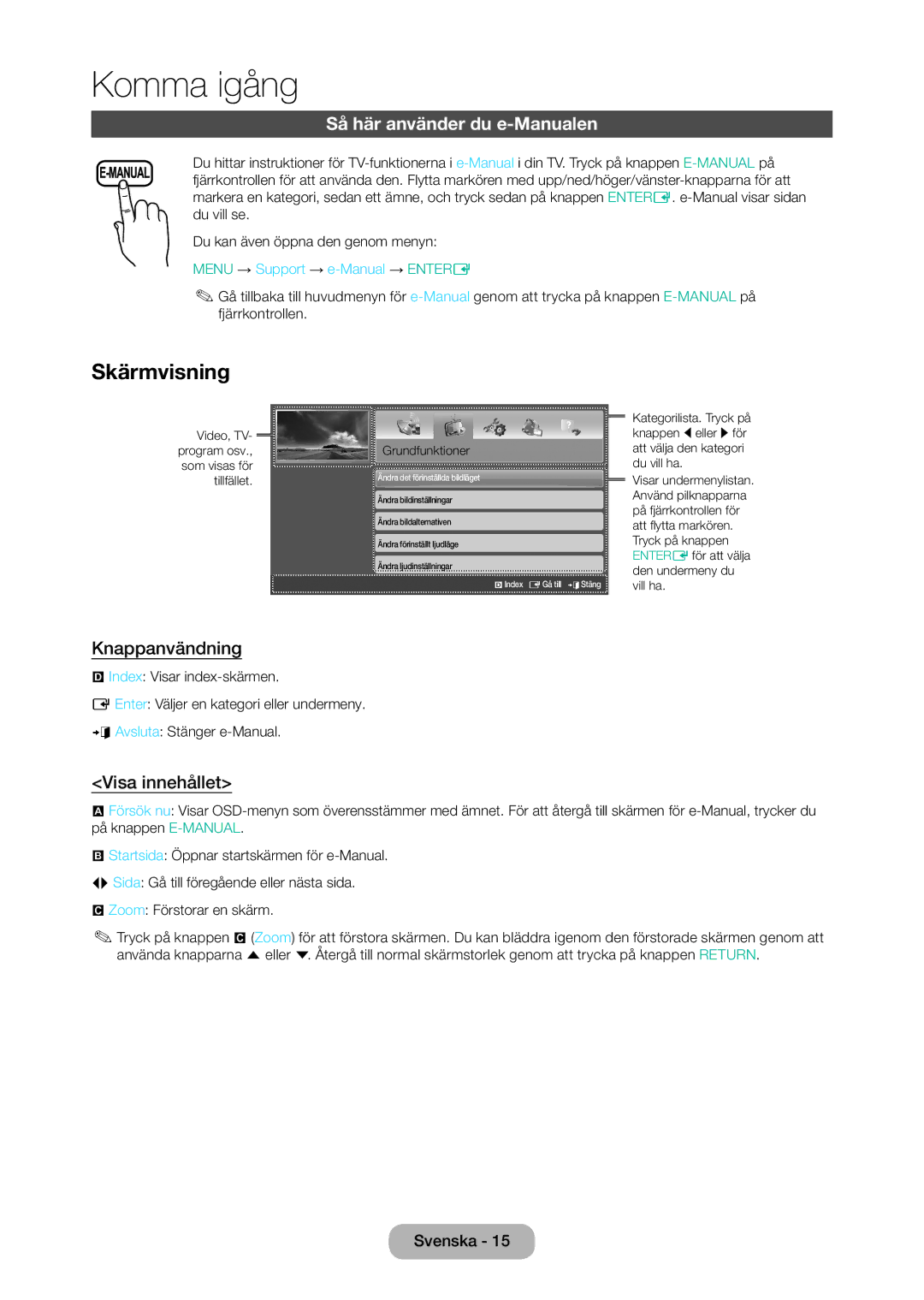 Samsung LT28D310EX/XE manual Skärmvisning, Så här använder du e-Manualen, Knappanvändning, Visa innehållet 