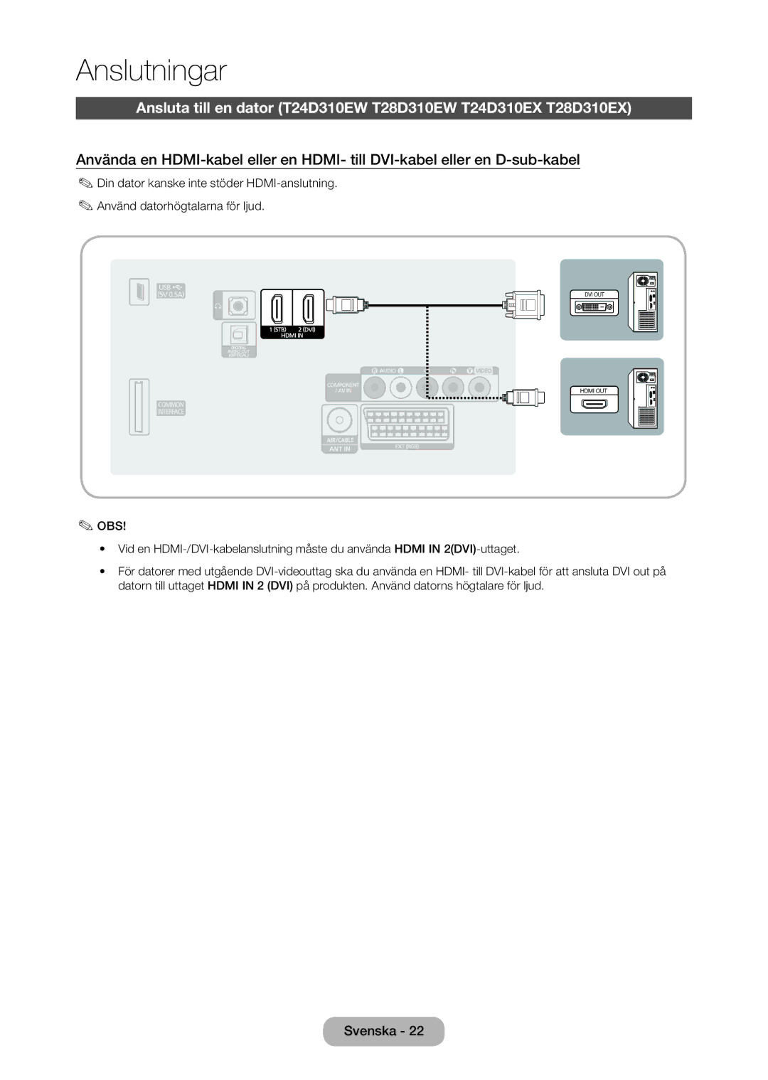 Samsung LT28D310EX/XE manual Anslutningar 