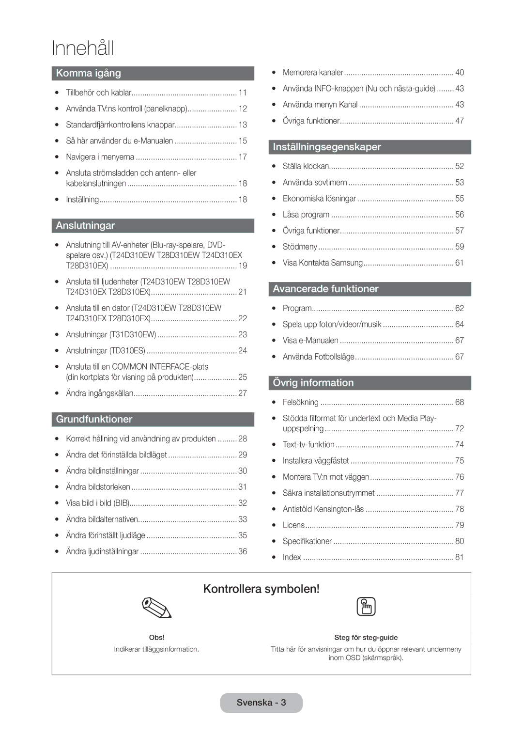 Samsung LT28D310EX/XE manual Innehåll 