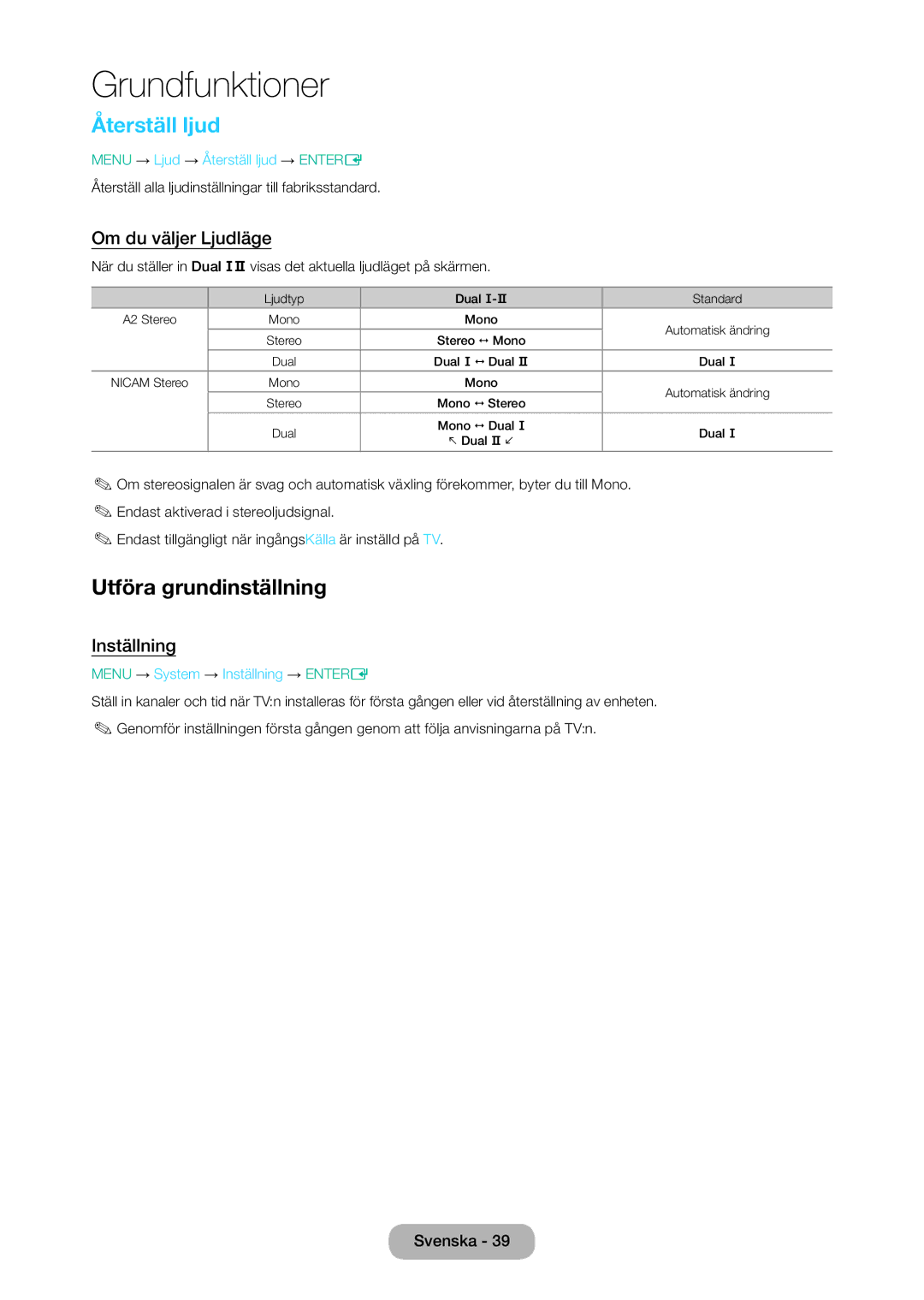 Samsung LT28D310EX/XE manual Återställ ljud, Utföra grundinställning, Om du väljer Ljudläge, Inställning 