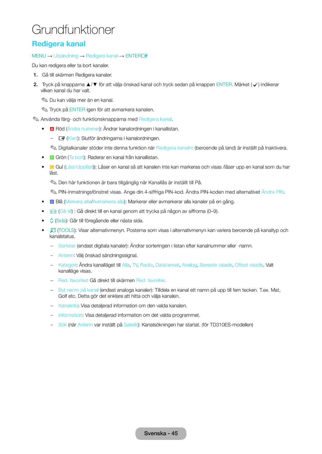 Samsung LT28D310EX/XE manual Menu → Utsändning → Redigera kanal → Entere 