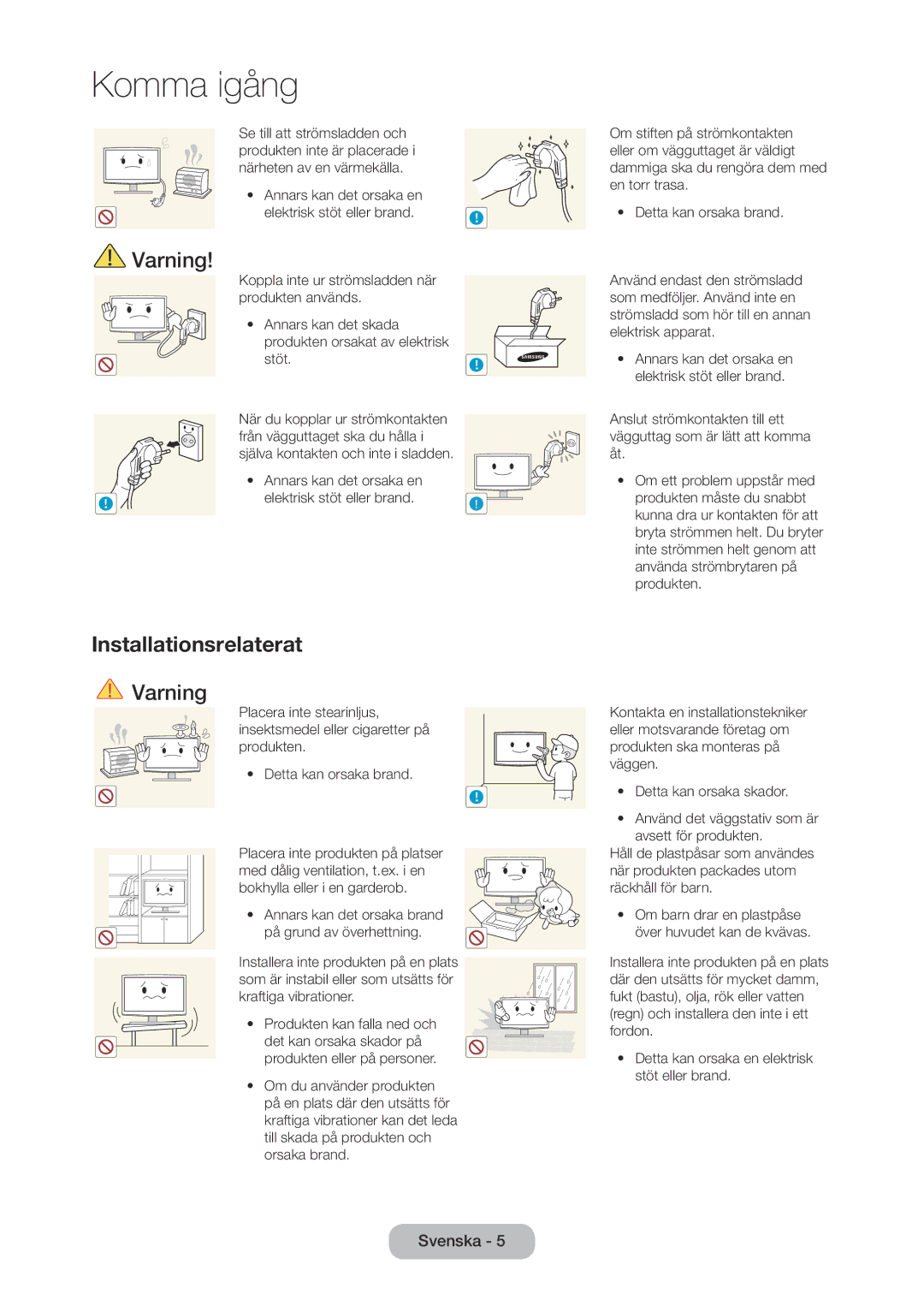 Samsung LT28D310EX/XE manual Installationsrelaterat, Elektrisk stöt eller brand 