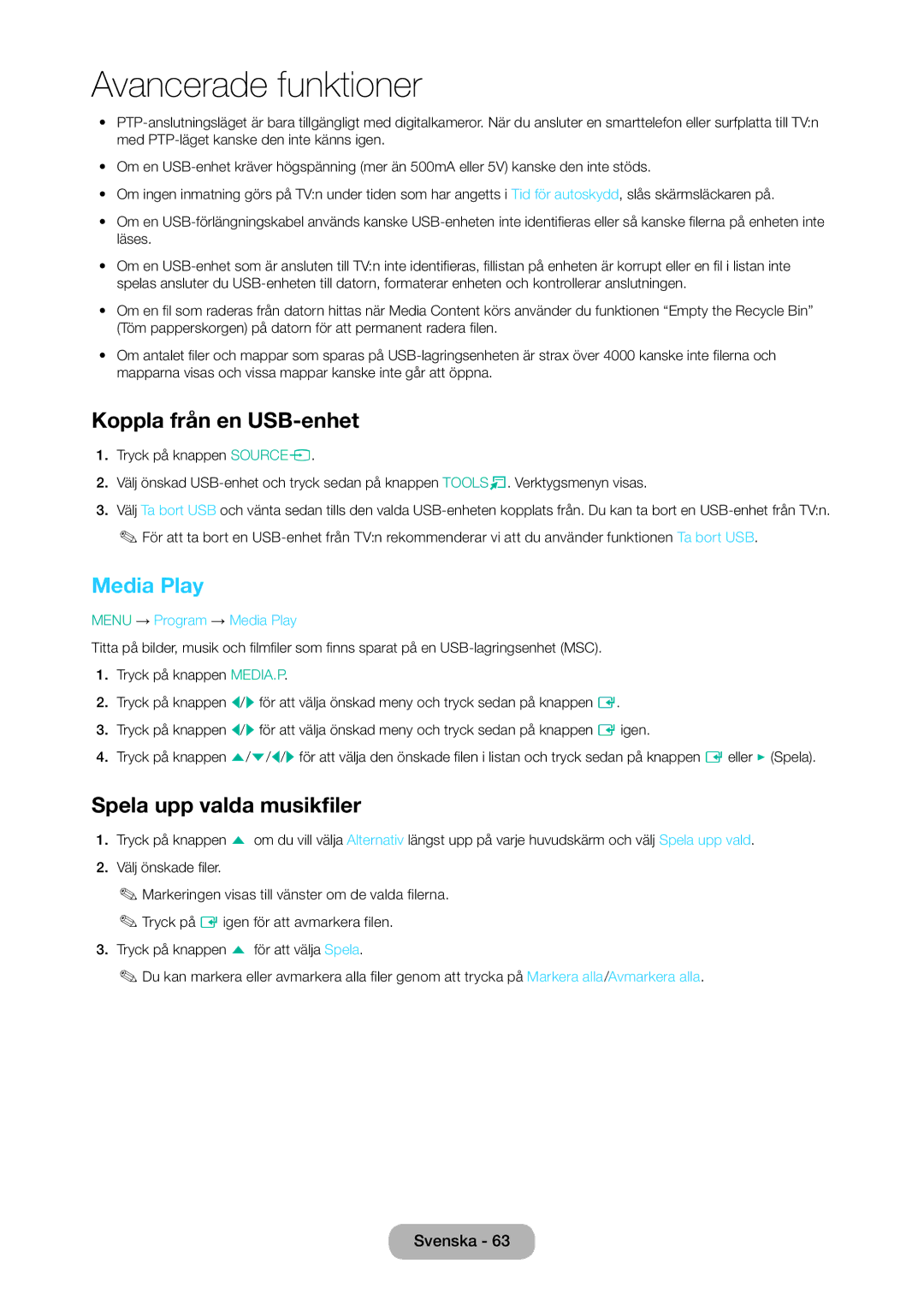 Samsung LT28D310EX/XE manual Koppla från en USB-enhet, Spela upp valda musikfiler, Menu → Program → Media Play 