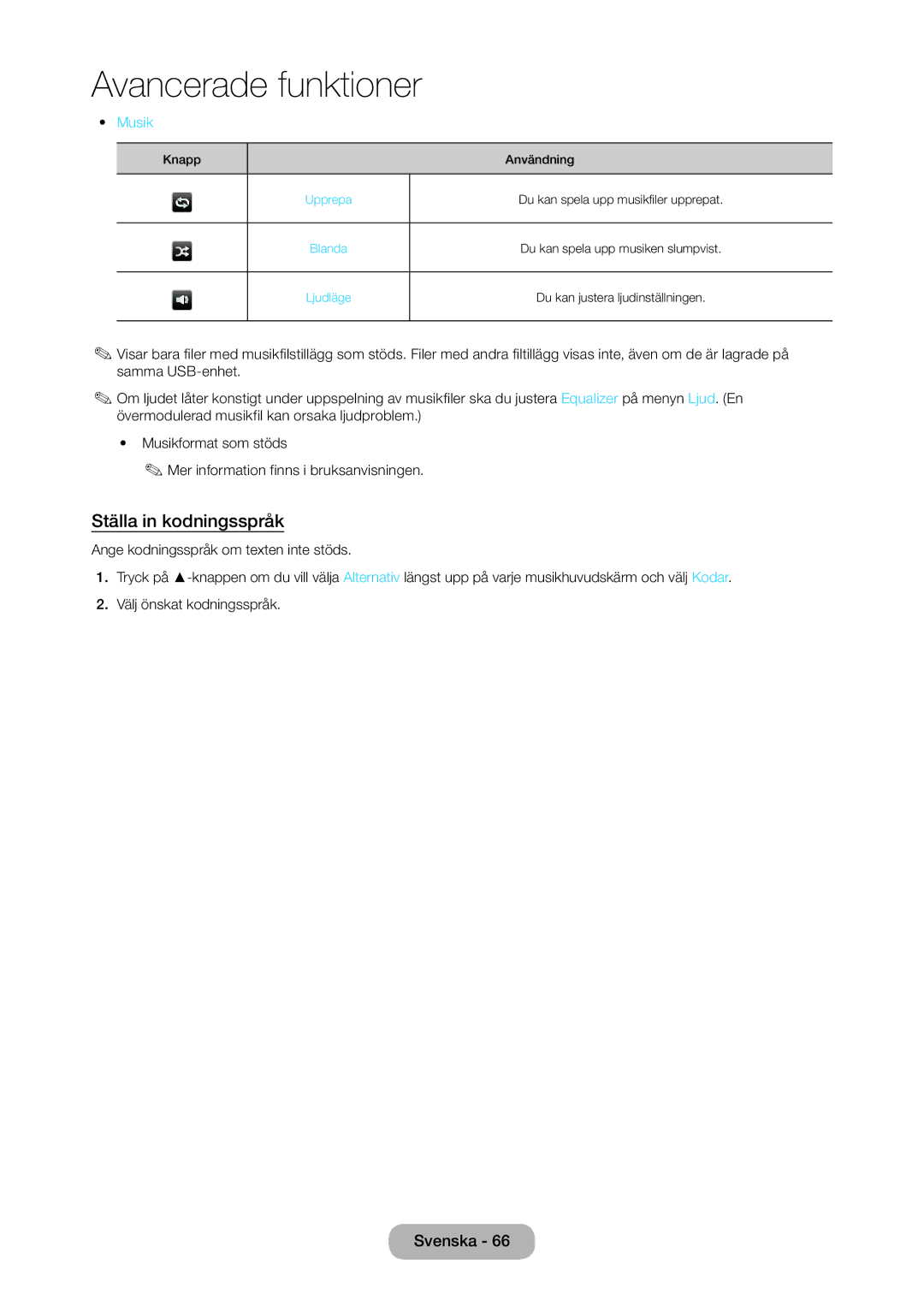 Samsung LT28D310EX/XE manual Ställa in kodningsspråk, Musik 
