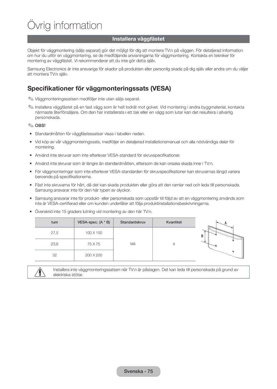 Samsung LT28D310EX/XE manual Specifikationer för väggmonteringssats Vesa, Installera väggfästet 