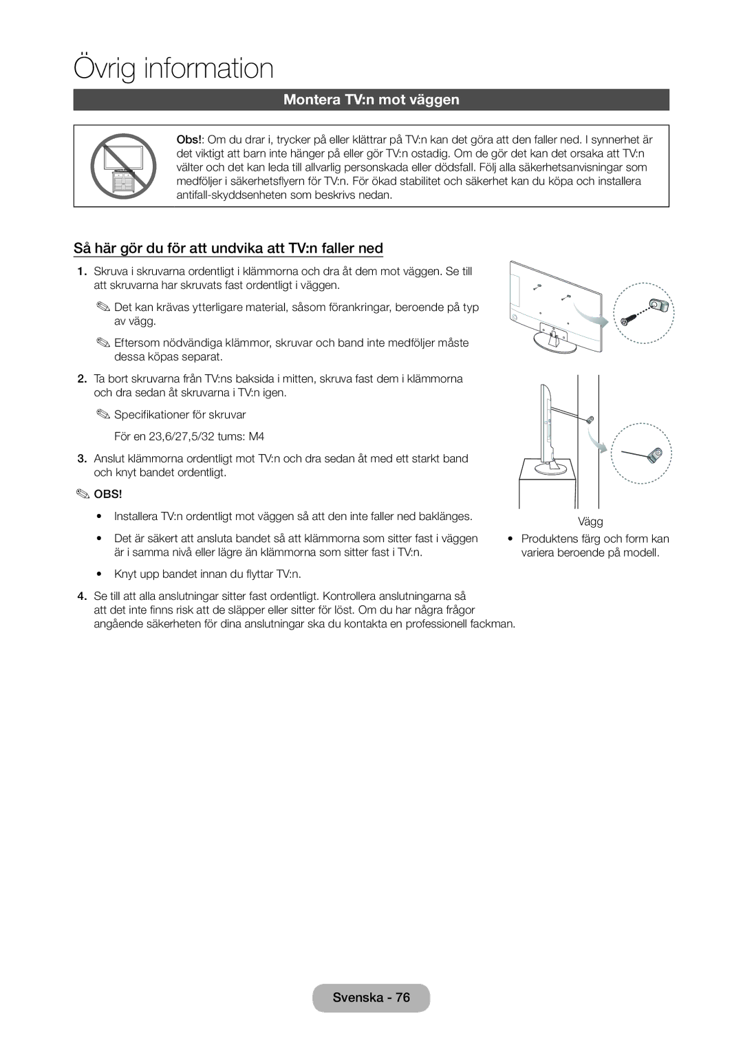 Samsung LT28D310EX/XE manual Montera TVn mot väggen, Så här gör du för att undvika att TVn faller ned 