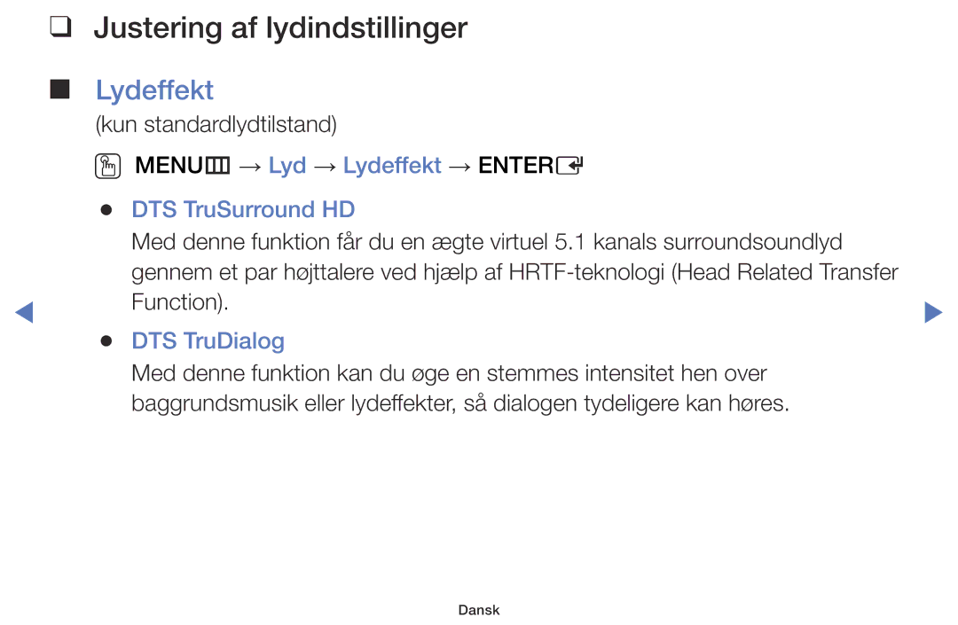 Samsung LT28D310EX/XE manual Justering af lydindstillinger, Lydeffekt, DTS TruSurround HD, DTS TruDialog 