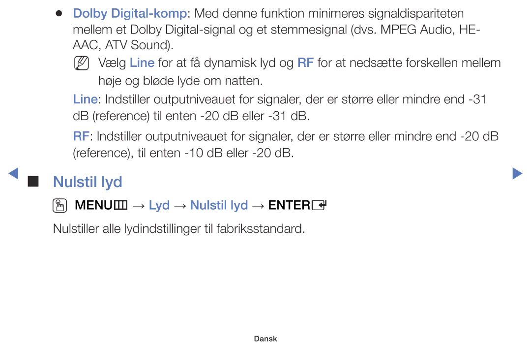 Samsung LT28D310EX/XE manual OO MENUm → Lyd → Nulstil lyd → Entere 