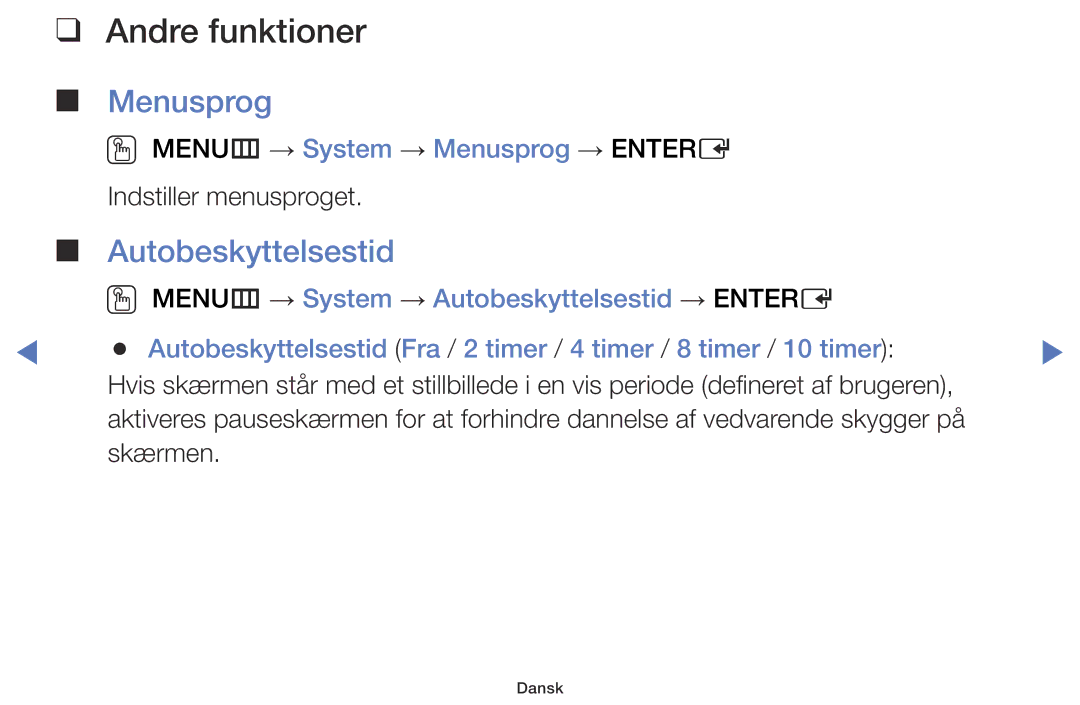 Samsung LT28D310EX/XE manual Autobeskyttelsestid, OO MENUm → System → Menusprog → Entere 