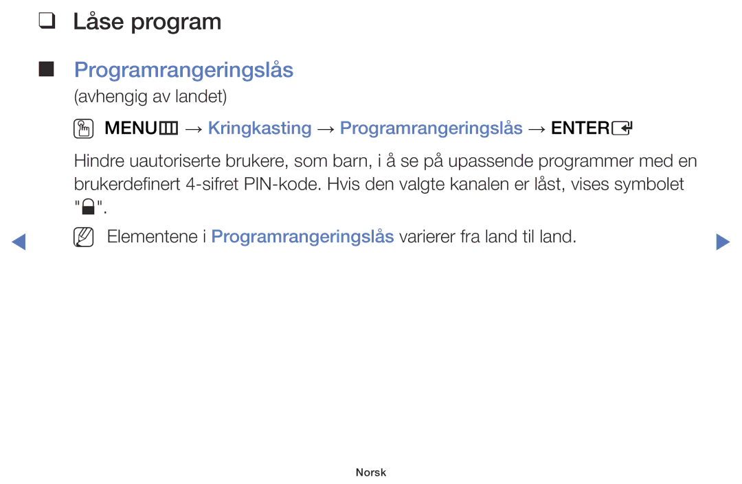 Samsung LT28D310EX/XE manual Låse program, OO MENUm → Kringkasting → Programrangeringslås → Entere 