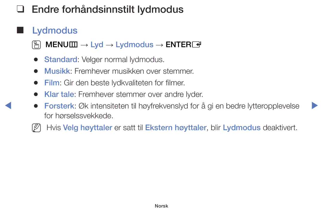 Samsung LT28D310EX/XE manual Endre forhåndsinnstilt lydmodus, Lydmodus 