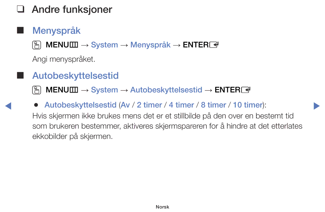 Samsung LT28D310EX/XE manual Autobeskyttelsestid, OO MENUm → System → Menyspråk → Entere 