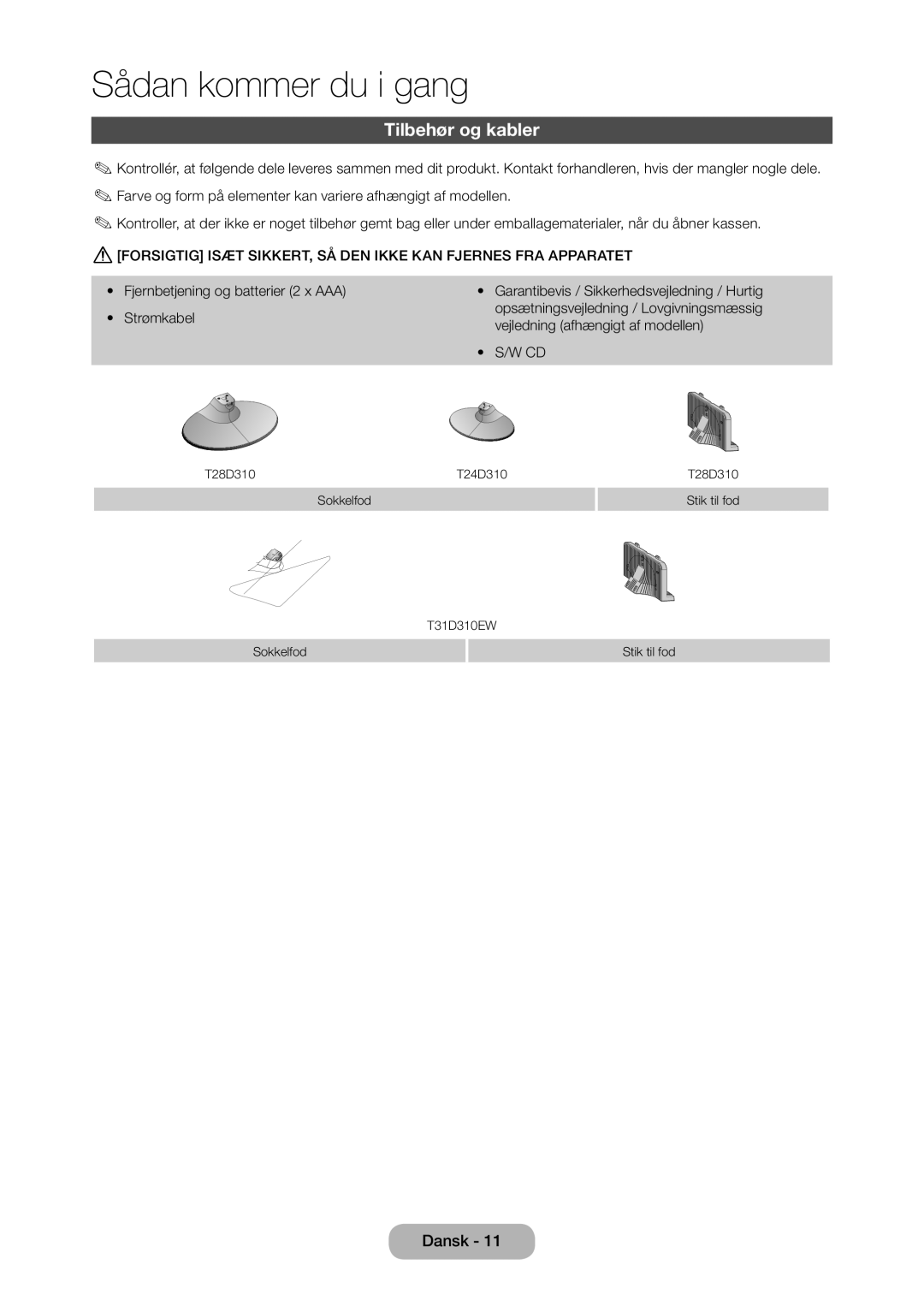 Samsung LT28D310EX/XE manual Tilbehør og kabler, Fjernbetjening og batterier 2 x AAA Strømkabel 