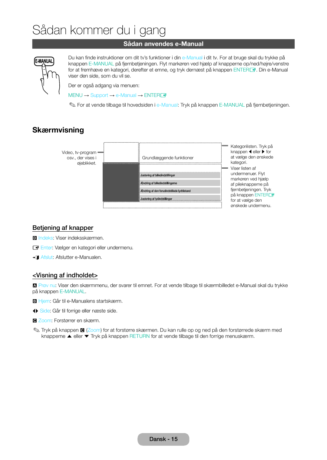 Samsung LT28D310EX/XE manual Skærmvisning, Sådan anvendes e-Manual, Betjening af knapper, Visning af indholdet 