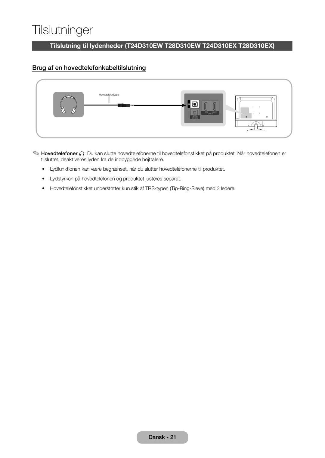 Samsung LT28D310EX/XE manual Brug af en hovedtelefonkabeltilslutning 