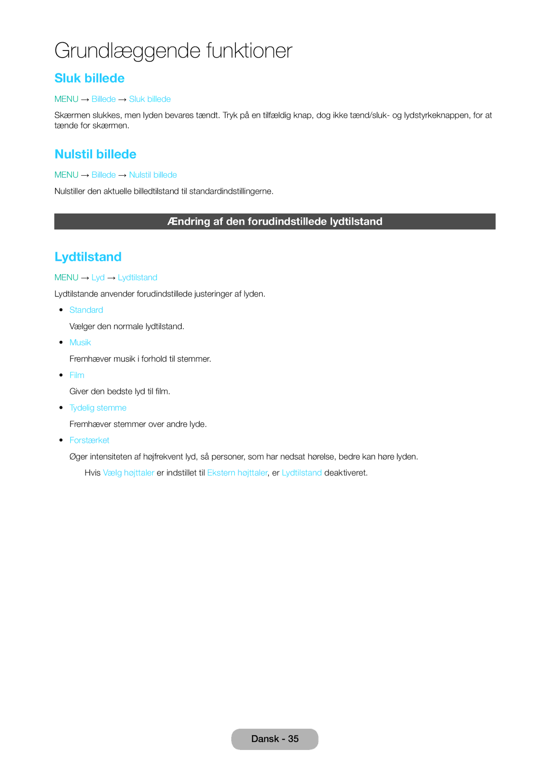 Samsung LT28D310EX/XE manual Sluk billede, Nulstil billede, Lydtilstand, Ændring af den forudindstillede lydtilstand 