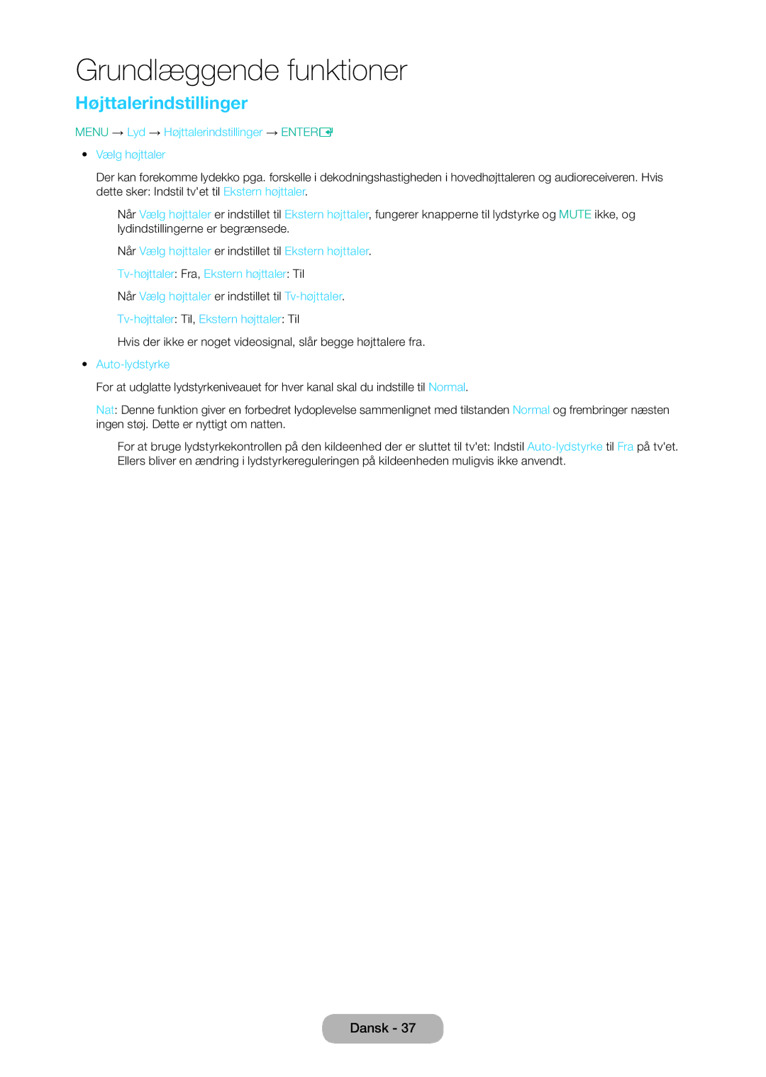 Samsung LT28D310EX/XE manual Menu → Lyd → Højttalerindstillinger → Entere Vælg højttaler, Auto-lydstyrke 