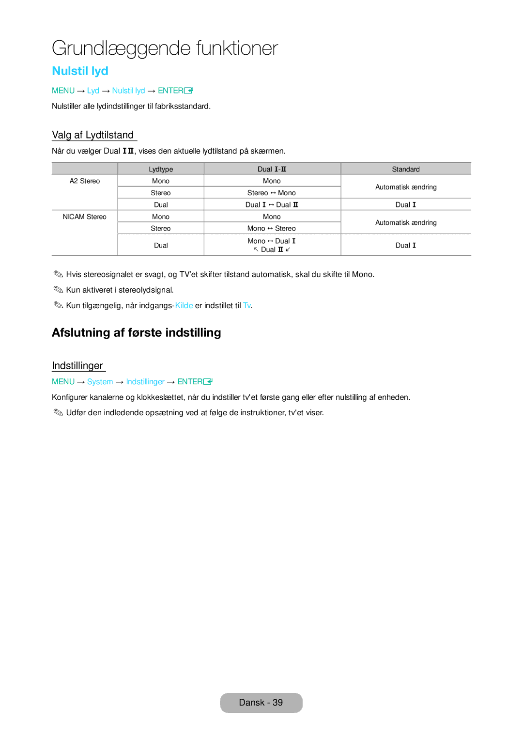 Samsung LT28D310EX/XE manual Nulstil lyd, Afslutning af første indstilling, Valg af Lydtilstand, Indstillinger 