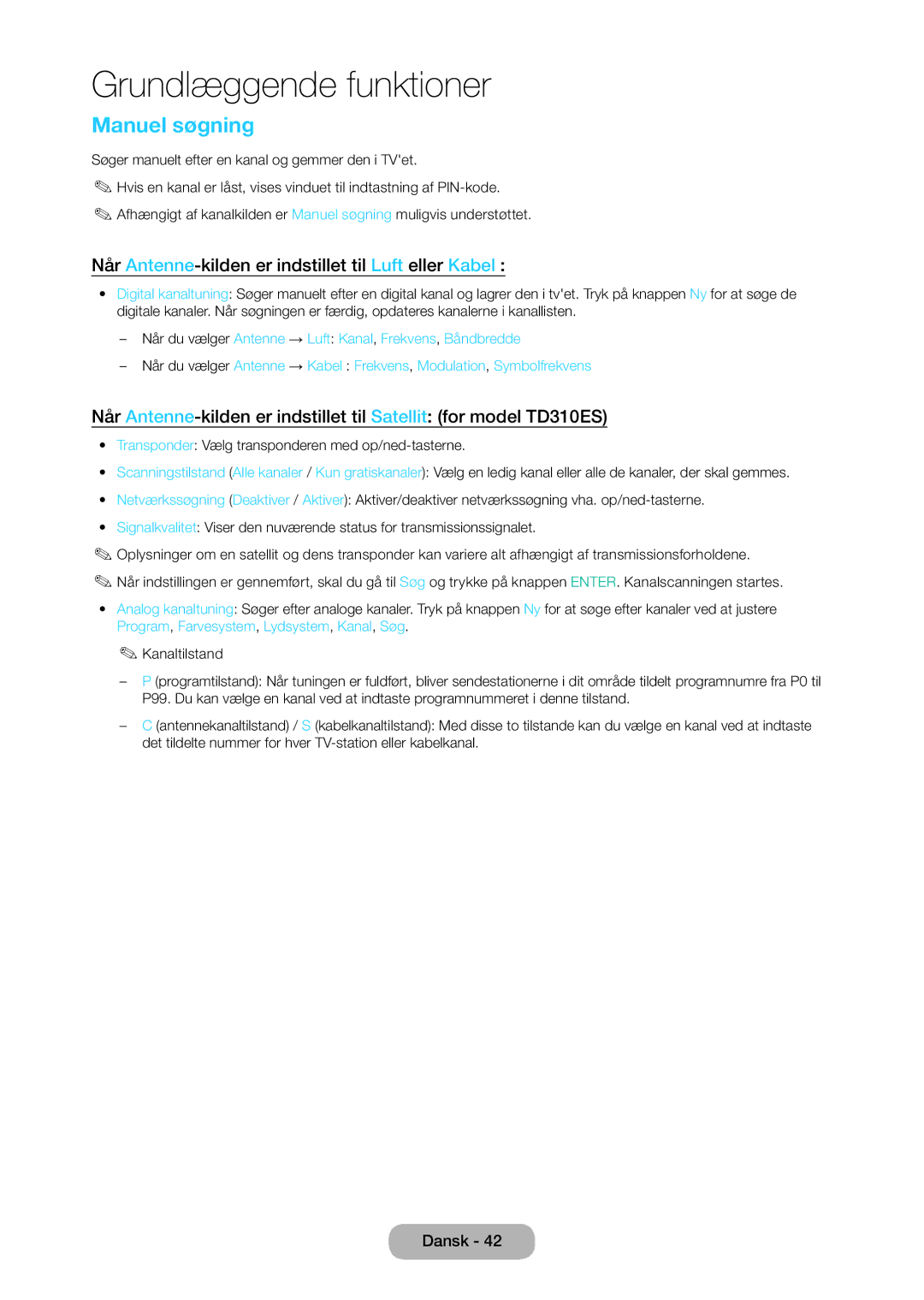 Samsung LT28D310EX/XE manual Manuel søgning, Når Antenne-kilden er indstillet til Luft eller Kabel 