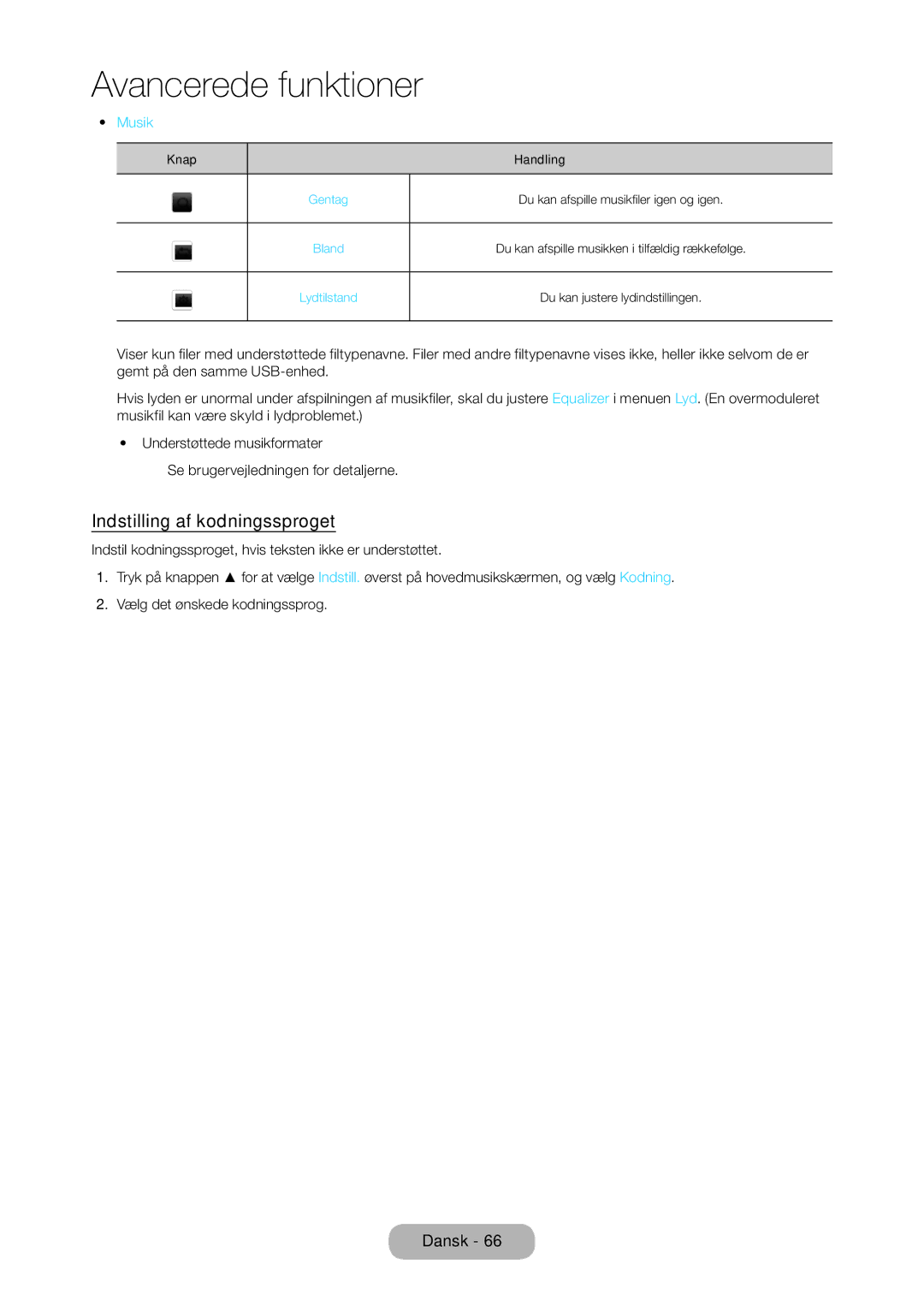 Samsung LT28D310EX/XE manual Indstilling af kodningssproget, Musik 