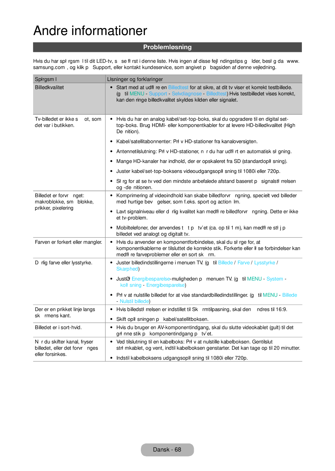 Samsung LT28D310EX/XE manual Problemløsning, Skarphed, Økoløsning Energibesparelse, Nulstil billede 